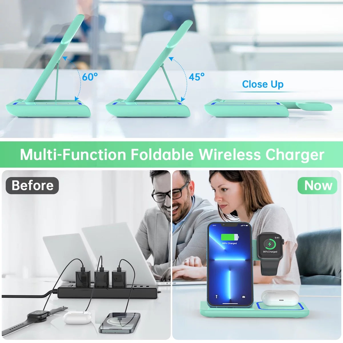 Wireless Charging Station, 2025 Upgraded 18W 3 in 1 Wireless Charger Stand for Iphone 16/15/14/13/12/11 Pro/Xs, Airpods 4/3/2/1/Pro, Iwatch Series 10/9/8/7/6/5/4/3,Samsung Phones(Green)