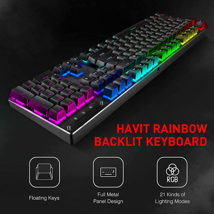Mechanical Keyboard and Mouse, Wired Gaming Keyboard Blue Switch 104 Keys Rainbow Backlit Keyboard and 7 Button Wired Mouse 4800 DPI for PC Computer Gamer (Black)
