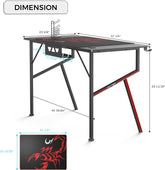Gaming Desk 47 Inch, K Shaped Home Office PC Computer Desk Table for Gamer with Cable Management, Game Controller Stand, Cup Holder, Headphone Hook, Free Mouse Pad, Carbon Fiber Black