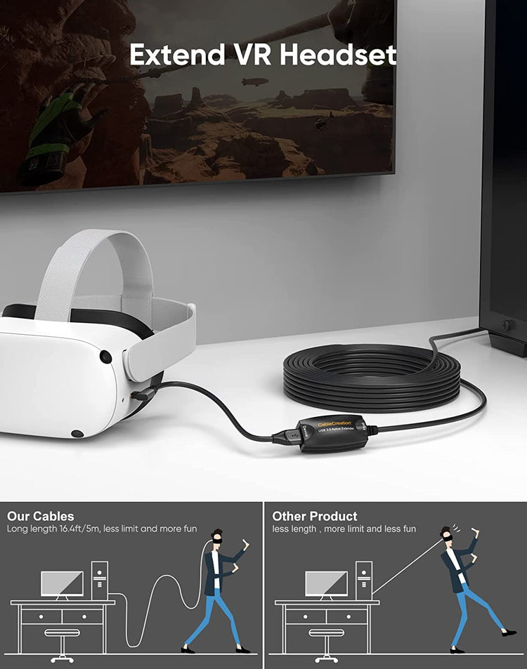 Active USB 3.0 Extension Cable, 5 M USB Male to Female Cable with Signal Amplification Compatible with Oculus Rift/Quest/Quest 2 Vr/Link, Valve Index VR, Xbox One, Printers Etc. Black