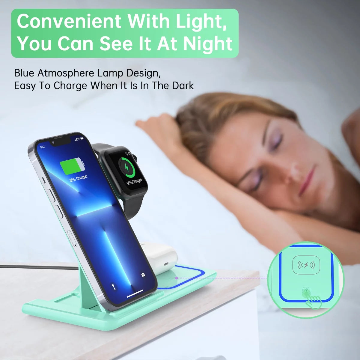 Wireless Charging Station, 2025 Upgraded 18W 3 in 1 Wireless Charger Stand for Iphone 16/15/14/13/12/11 Pro/Xs, Airpods 4/3/2/1/Pro, Iwatch Series 10/9/8/7/6/5/4/3,Samsung Phones(Green)