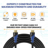 4K HDMI Cable 50Ft Long, 4K@60Hz High Speed HDMI Cord with Ethernet, Supports UHD Resolution, ARC, 3D, CL3 Certified - Compatible with HDTV, PC, Laptop, PS3, Xbox, Blu-Ray
