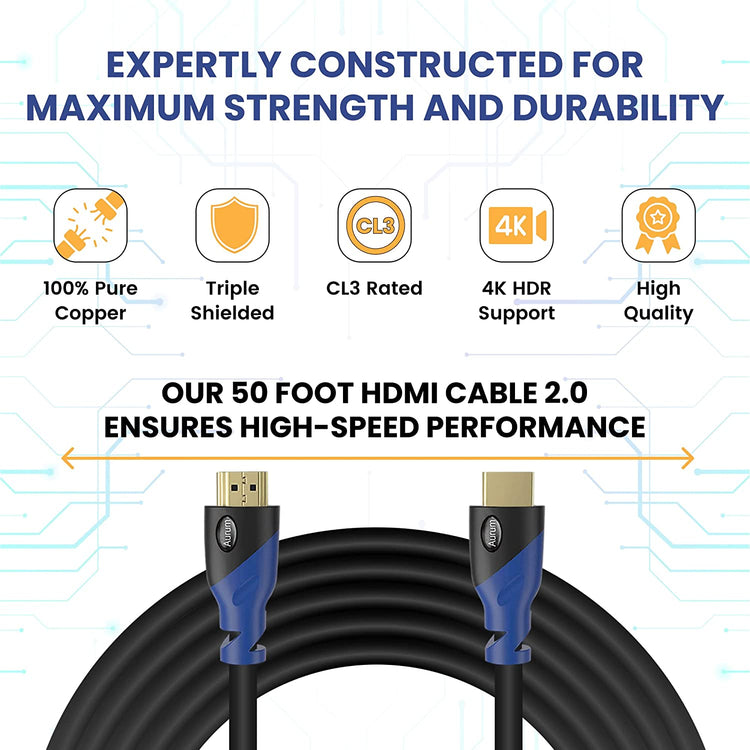 4K HDMI Cable 50Ft Long, 4K@60Hz High Speed HDMI Cord with Ethernet, Supports UHD Resolution, ARC, 3D, CL3 Certified - Compatible with HDTV, PC, Laptop, PS3, Xbox, Blu-Ray