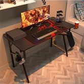 Gaming Desk 47 Inch, K Shaped Home Office PC Computer Desk Table for Gamer with Cable Management, Game Controller Stand, Cup Holder, Headphone Hook, Free Mouse Pad, Carbon Fiber Black